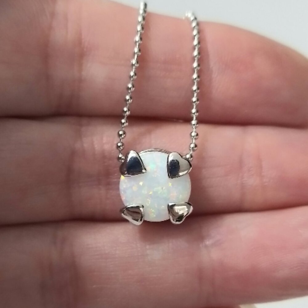 White Opal Necklace 925 Sterling Silver and Rhodium Plated | Ball Chain Love